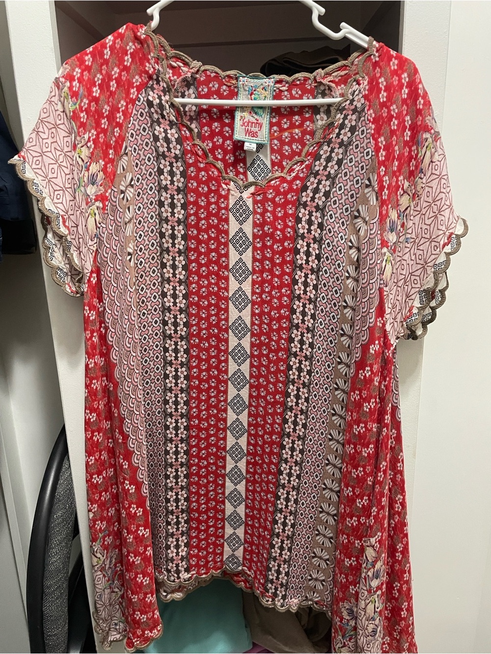 Johnny Was Red Floral Mixed-Print Boho Tunic Top